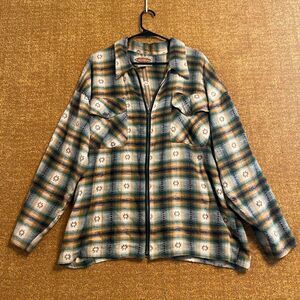 Paragraff Green Orange Plaid L Men's Zip Flannel Shirt VTG Southwestern Aztec